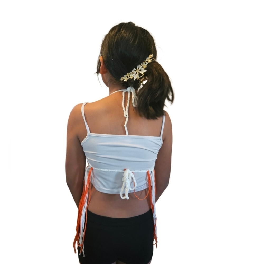 Hand Crafted Crochet Orange White Crop Top Fringe Summer - Picture 15 of 17
